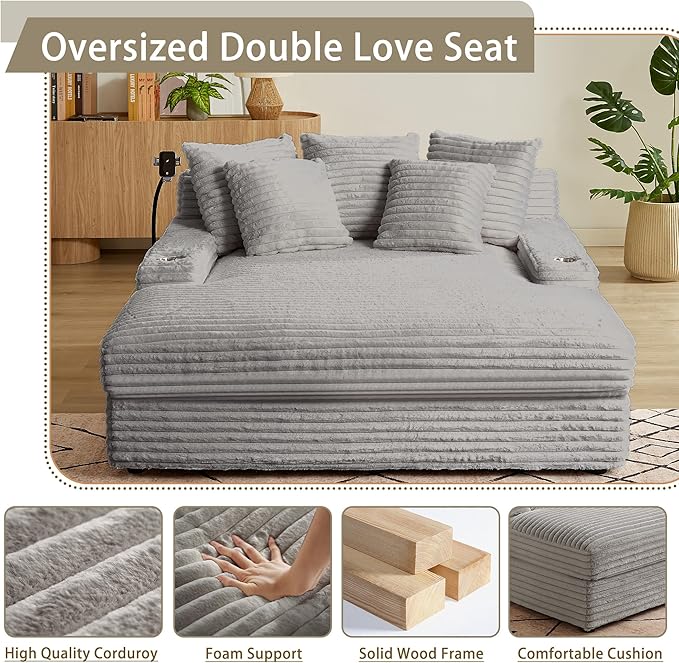 65.35 Oversized Chaise Lounge Chair for 2 Upholstered Sleeper Sofa Bed with Cup Holders | Charging Station | Removable Backrest | Backrest Pilow Fluffy Chair Sofa Couch for Living Room