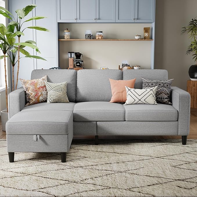 Sectional Sofa and Couches for Living Room 78'' Light Grey 3 Seat L-Shaped Couch with Movable Ottoman Comfy Linen Convertible Sectionals Sofas with Chaise for Apartment Dorm Small Space