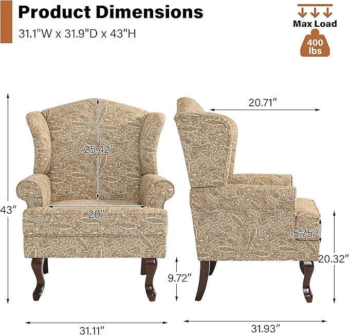 High Back Accent Chairs Set of 2 Comfy Upholstered Fabric Armchair for Living Room Mid Century Modern Club Accent Chair with Solid Wood Legs Single Sofa Reading Chair for Bedroom Paisley Brown