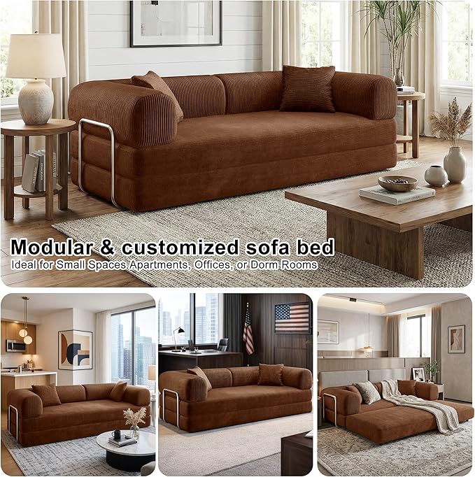 78Inch Compression Sofa 4-in-1 Convertible Floor Sleeper Sofa Bed Folding Sofa Couch with Pillow Support Armrest Cloud Corduroy Foldable Mattress for Living Room Bedroom