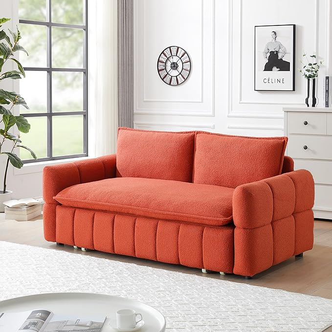 70 Convertible Sleeper Sofa Couch Full Size 3-in-1 Pull Out Sofa Bed for Living Room Upholstered Loveseat for Home Office Bedroom Apartment Orange