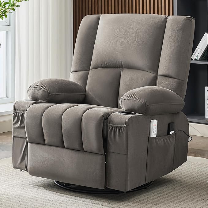 Oversized Recliner Chairs for Adults 270° Swivel Rocker Recliner with Heat and Massage Lazy Boy ReclinerRecliner Chairs Single Sofa Seat with Cup Holders (BlackGrey)