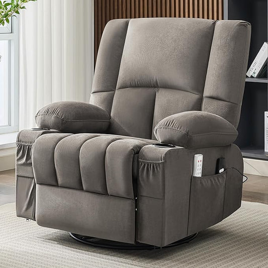 Oversized Recliner Chairs for Adults 270° Swivel Rocker Recliner with Heat and Massage Lazy Boy ReclinerRecliner Chairs Single Sofa Seat with Cup Holders (BlackGrey)