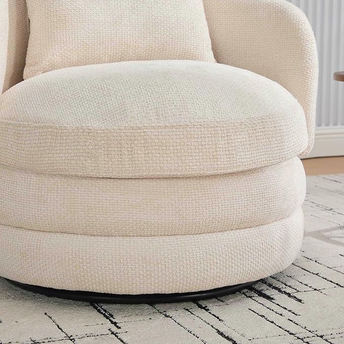 30 Modern Round Chenille Barrel Accent Chair 360° Swivel Ergonomic Comfy Upholstered with Pillow for Living Room Bedroom Reading Room Balcony Lounge Beige