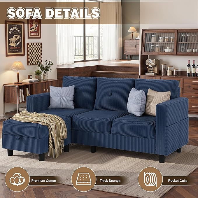 JAMFLY Convertible L-Shaped Sectional Sofa with Reversible Storage Ottoman 3-Seat Couch with Side Pockets Modern Compact Furniture for Small Apartments Studios &amp Lofts Blue