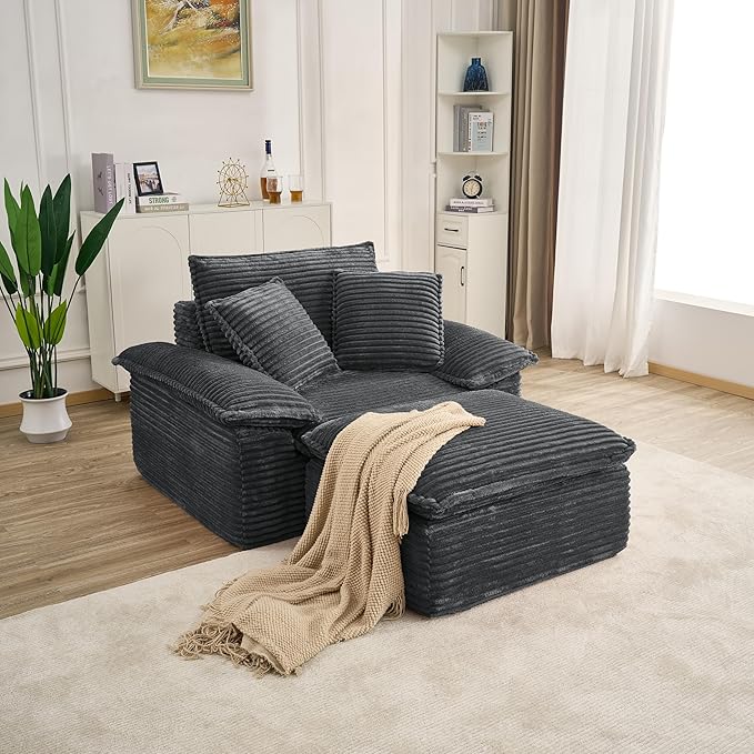 Convertible Sofa BedSleeper Sofa with Deep SeatComfy Corduroy Fluffy Boneless Couch with Movable OttomanCloud Couch for Small PlaceNo Assembly Required.（SingleDark Gray）
