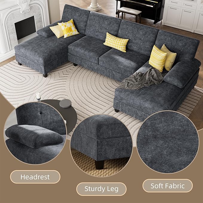 Shintenchi U-Shaped Sectional Couches for Living Room 4 Seat Sofa with Double Chaise LoungesSolid Wood Frame Sectional Sofa for ApartmentDark Grey