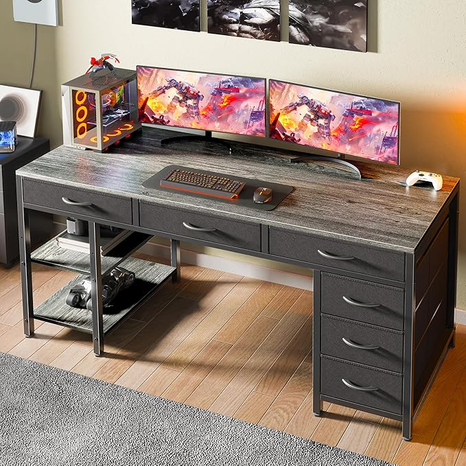Huuger Computer Desk with 6 Drawers 47 Inch Office Desk with Shelves Reversible Gaming Desk Corner Desk with Storage Work for Home Office Study Living Room Gray