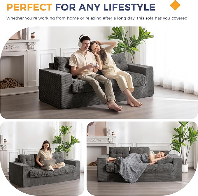 MAXYOYO 3 Seater Couch for Living Room Boneless Couch with Tufted Cushion &amp Backrest Upholstered Floor Sofa with Armrests Sofa in A Box No Assembly Required Dark Grey