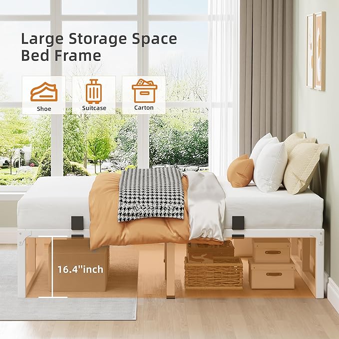 King Size Bed Frame 18 Inch Metal Platform Bed Frames with Squeak Free U-Slot Design 6 Non-Slip Guards 3500lbs Heavy Duty Steel Slat Support No Box Spring Needed Under Bed Storage White