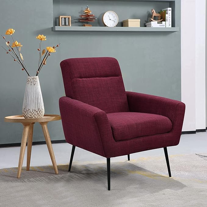 Mid Century Modern Upholstered Fabric Accent Chair Living Room Bedroom Leisure Single Sofa Chair (with Metal Legs) TV armrest seat Suitable for Small Space Home Office Coffee ChairWine Red