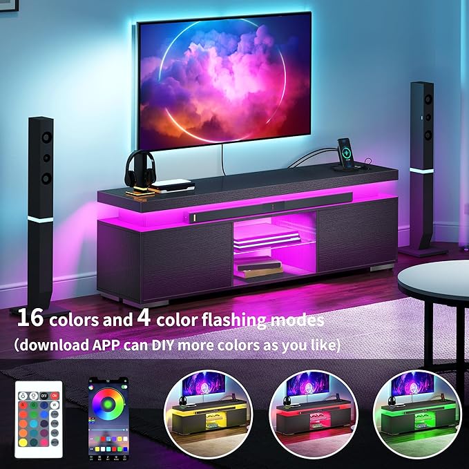 YITAHOME Black TV Stand for 65 inch TV Entertainment Center with Storage Modern LED TV Stand w/Power Outlets for Living Room TV Console Media Cabinet Black