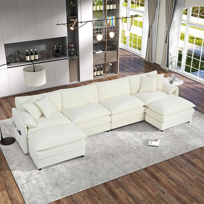 144 Modular Sectional SofaU-Shaped Chenille Sofa Couch with Movable OttomanModern 6 Seat Cloud Sectional Couches for Living Room Office Home (Beige 144 U-6 Seater)