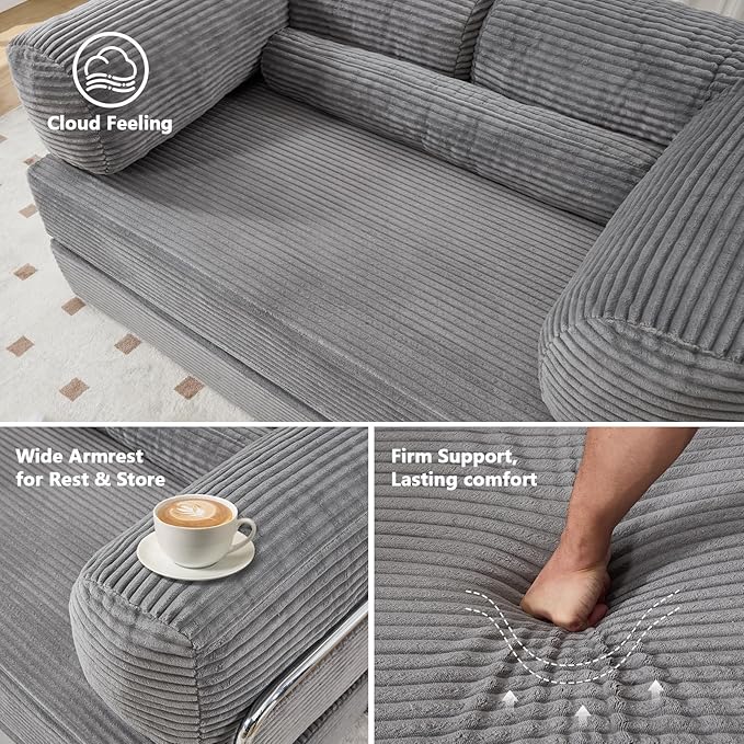 5-in-1 Convertible Sofa Bed 79 Corduroy Folding Sleeper Couch Bed with Steel Frames Boneless Foldable Floor Sofa Bed for Living Room Guest Room No Assembly (Grey)