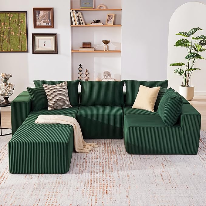 135.4 Cloud Couch Sectional Modular Sofa with Deep Seat Plush Corduroy U Shaped Boneless Couch Convertible Sectional Couches for Living Room 6Seat Green