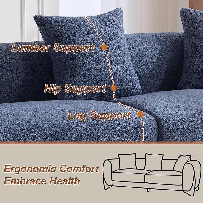 87 Sherpa Boucle Cloud Couch Modern 3 Seater Sofa with Solid Wood Legs 25 Extra Deep Seat Comfy Thick Cushion Upholstered Sofa Couches with 3 Pillows for Living Room Blue