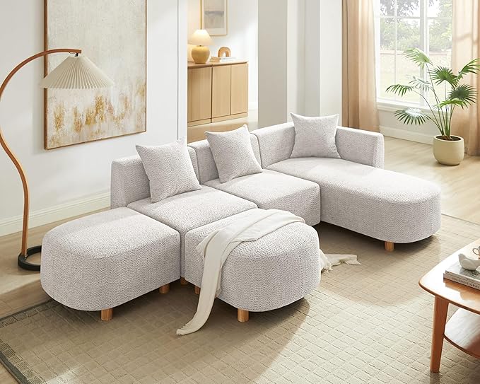 VANOMi 109.84 Modular Sectional Sofa with 3 Pillows Convertible 5-Seater Comfy Boucle Cloud Couch with Ottoman Modern Sectional Sofas for Living Room Office Apartment (Camel)