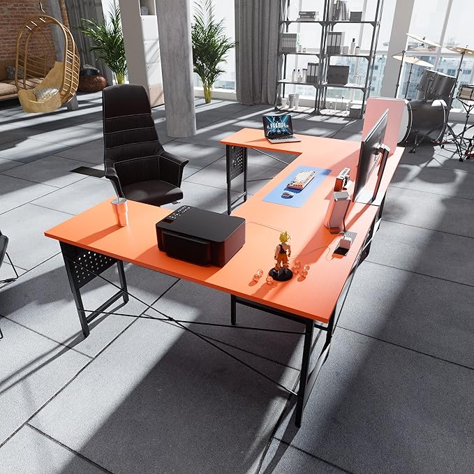Pamray 71 Inch Large Computer Desk with Power OutletsU Shaped Corner Desk for Home Office Work and Gaming Orange
