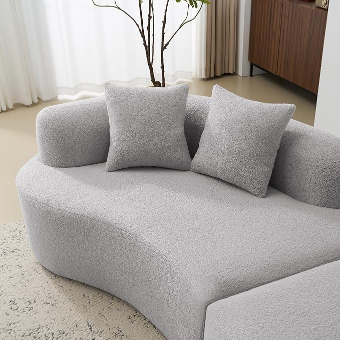 106.7 Curved Loveseat Sofa for Small Spaces - Plush Teddy Fleece Fabric Modern Love Seat with Pocket Springs &amp Memory Foam Boneless Floor Couch Set Living Room Studio 38.6 Extra Deep Seat (Gre