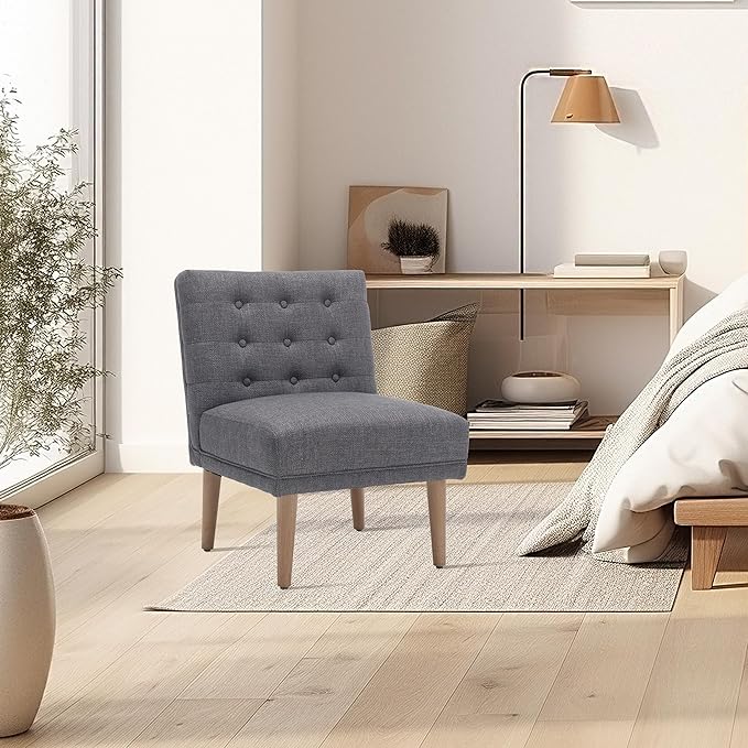 Accent ChairModern Armless Living Room ChairsComfy Upholstered Linen Makeup Vanity Chair with Solid Wood LegsArm Chairs for Reading in BedroomDark Grey