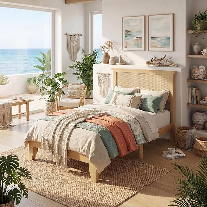GAOMON Twin Size Rattan Bed Frame Rattan Bed Frame with LED Light &amp Natural Headboard Boho Storage Space Underneth Sturdy Wooden Slats Support No Box Spring Needed