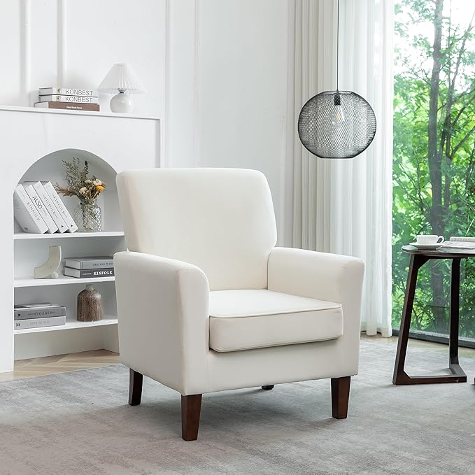 Contemporary Accent Arm Chair with Birch Wood Frame and Velvet Upholstery Armchair for Office and Living Room Decor Removable Cushions Beige