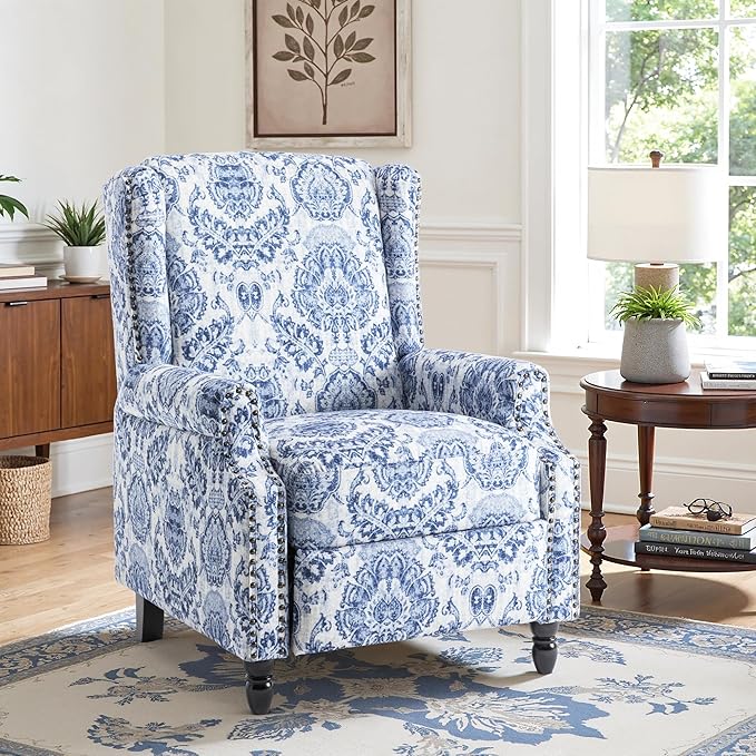Recliner Chair Upholstered Wingback Floral Pushback Armchair with Adjustable Backrest &amp Footrest Comfy Accent Chair Reading Single Sofa for Small Spaces Living Room Bedroom (Navy Blue Set of