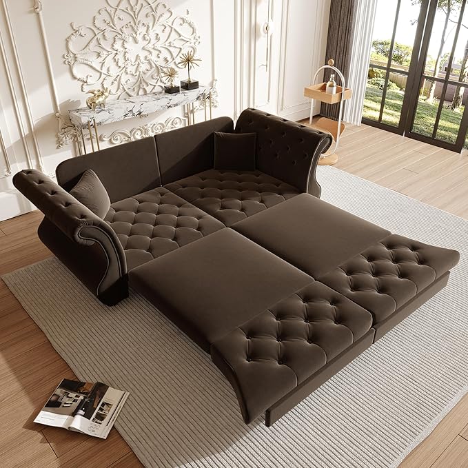 KEIKI 83.8 Classic Chesterfield Sleeper Sofa for Small Spaces Pull Out Velvet Couch with Rolled Arms Elegant Tufted Design
