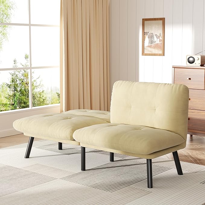 Futon Sofa Sleeper Couch Bed with Adjustable Backrest Thick Cushion Velvet Fabric for Department Living Room Lounge Sofa Loveseat (Beige)