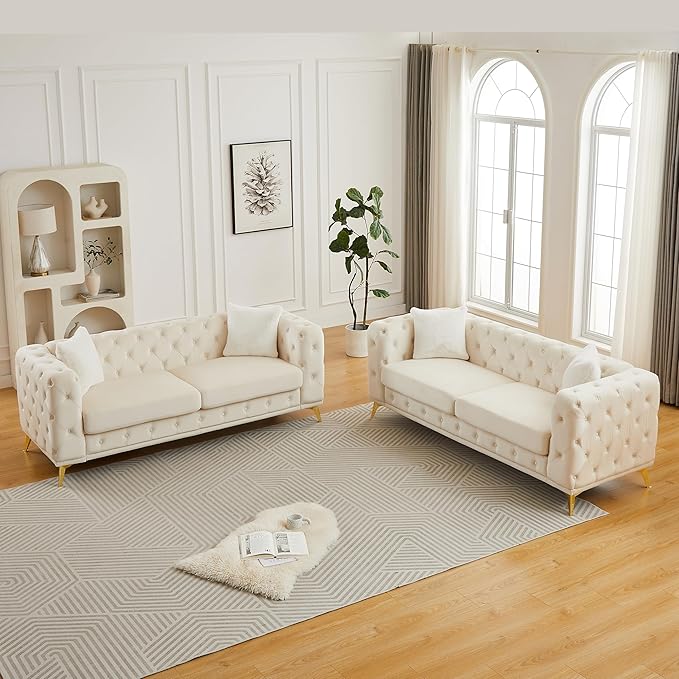 KEIKI 2-Piece Luxury Chesterfield Sofa Set with 2 Velvet 3-Seater Sofa Mid-Century 6-Seater Tufted Buttons Couch Set with 4 Pillows &amp High-Density Foam Cushions Easy Assembly for Living Room B