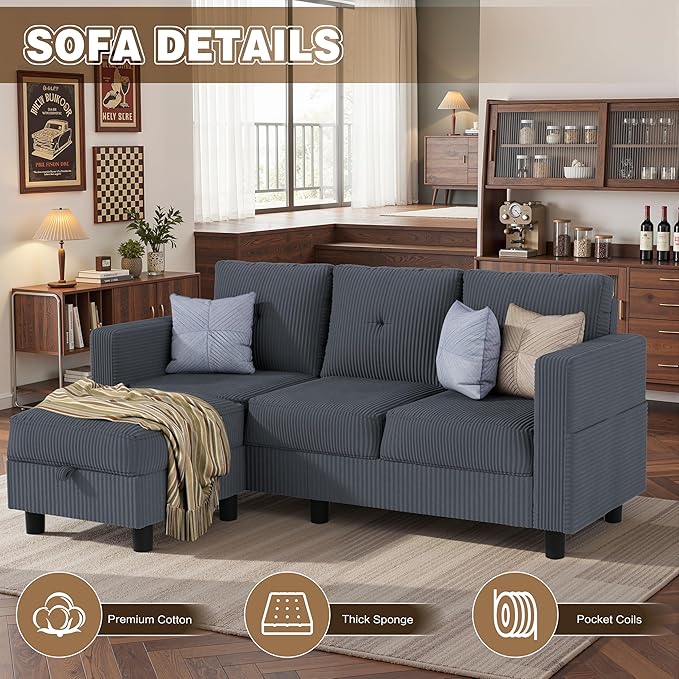 JAMFLY Convertible L-Shaped Sectional Sofa with Reversible Storage Ottoman 3-Seat Couch with Side Pockets Modern Compact Furniture for Small Apartments Studios &amp Lofts Grey