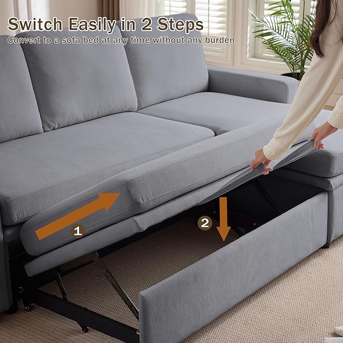 Convertible Sofa Bed L-Shape Sectional Sleeper Sofa with Storage Chaise Modern Polyester 3 in 1 Pull Out Couch Bed for Living Room Light Grey
