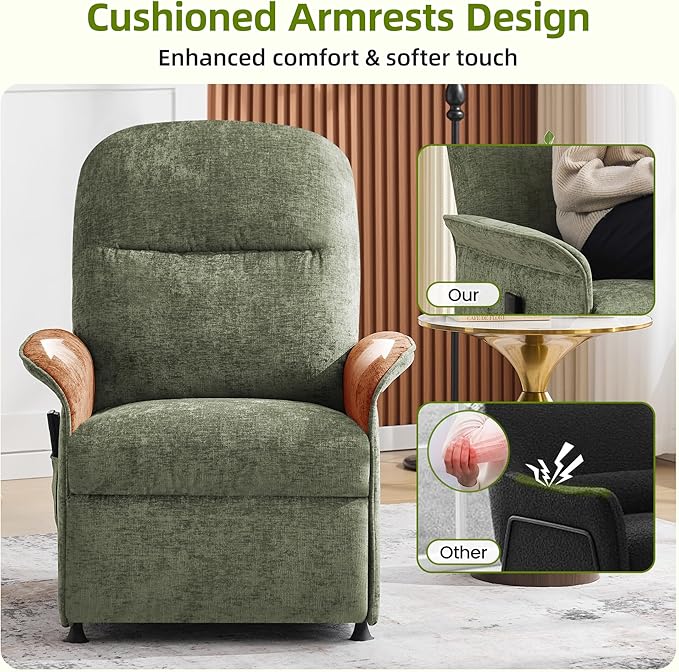 Power Recliner Chair with Remote Control 21 Wide Seat Small Recliners with Side Pocket for Adults Thick Cushions Chair for Living Room &amp Bedroom Green