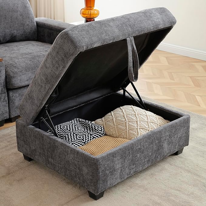 Oversized L-Shaped Modular Sectional Sofa with Storage Armrest Reversible Couch with Movable Ottoman USB Ports Cup Holders 360°Swivel Tray Comfy Cloud Cushions for Living Room or Apartment Gray