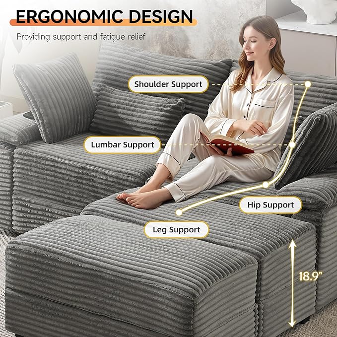 75 Corduroy Loveseat with Storage Ottoman Cloud Deep Seat Couch with Convertible Ottoman Coffee Table &amp USB Double Chaise Lounge for Living Room Grey