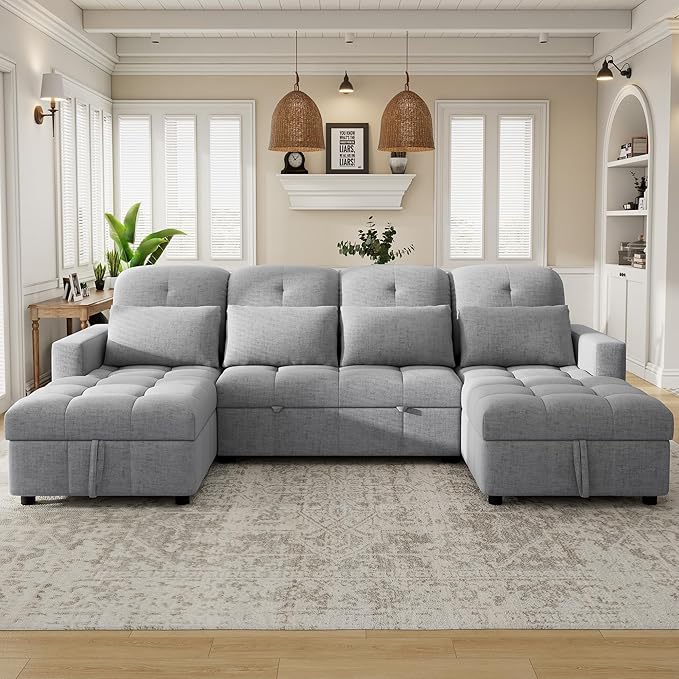 Harper &amp Bright Designs 110.2 Oversized U-Shaped Sofa Versatile Sectional Sofa Pull-Out Sofa Bed with Double Storage Chaise Lounges and Two USB Ports for Living RoomGray