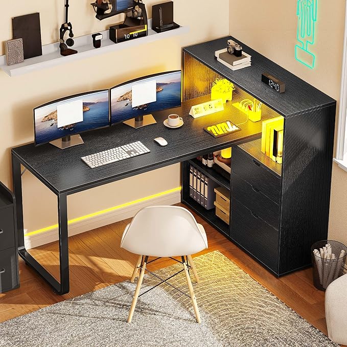 YITAHOME L Shaped Desk with Power Outlets &amp LED Lights &amp File Cabinet 55 Corner Computer Desk with 3 Drawers &amp 3 Storage Shelves Home Office Desk with Bookshelf Black