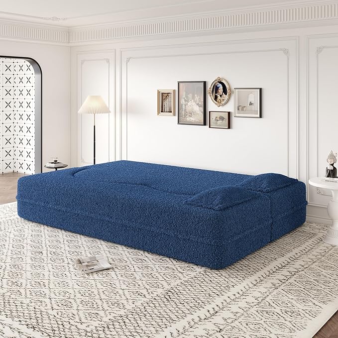 Modern 2-in-1 Convertible Sleeper Sofa Bed Compressed Foam Sofa Curved Loveseat Sofa Bubble Couch Comfy Teddy Sofa Multi-Functional Cloud Couch with Pillows for Living Room Bedroom (Blue)
