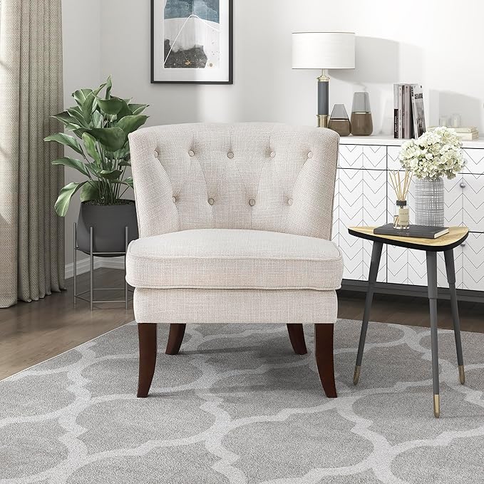 Lexicon Accent Chair Textured Fabric Upholstered Armless Chair with Solid Wood Legs Button Tufted Curved Back for Living Room/Bedroom/Office/Waiting Area Beige