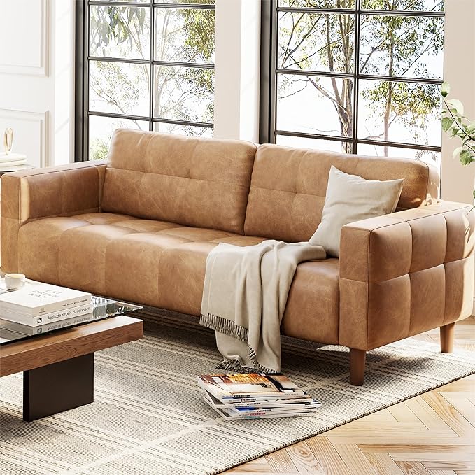 IDEALHOUSE 3-Seater Sofa Couch 83 Wide Faux Leather Sofa Couch with Spring Cushion Modern Sofa with Deep Seats and 2 Removable Back Cushions