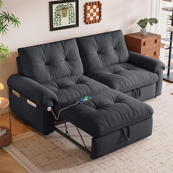 77'' Convertible Sofa Bed Queen Size Pull Out Couch Bed with Storage and USB Velvet Love Seat Sleeper Sofabed for Living Room Small Apartment Bedroom Office Black