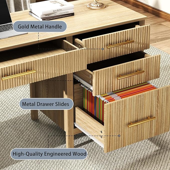 Oak Computer Desk with Storage: 60 Wooden Executive Office Desk with 7 Drawers Home Office Desks with File Drawers Fluted Writing Desks for Study Living Room