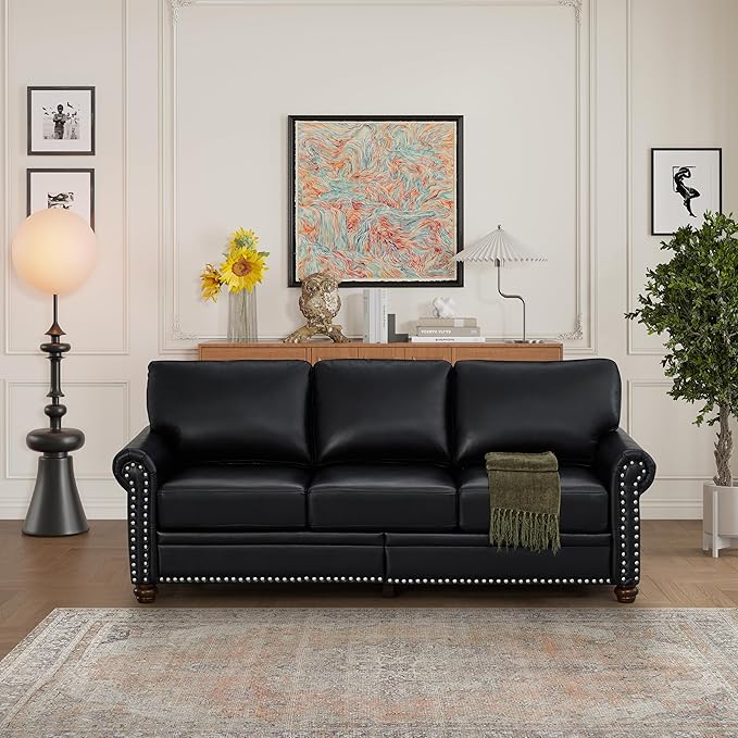82'' Faux Leather CouchLiving Room Furniture Sofa Rivet Decoration Leather Sofa Couch for Living Room Apply to Office and Home(3 Seater Sofas) Burgundy