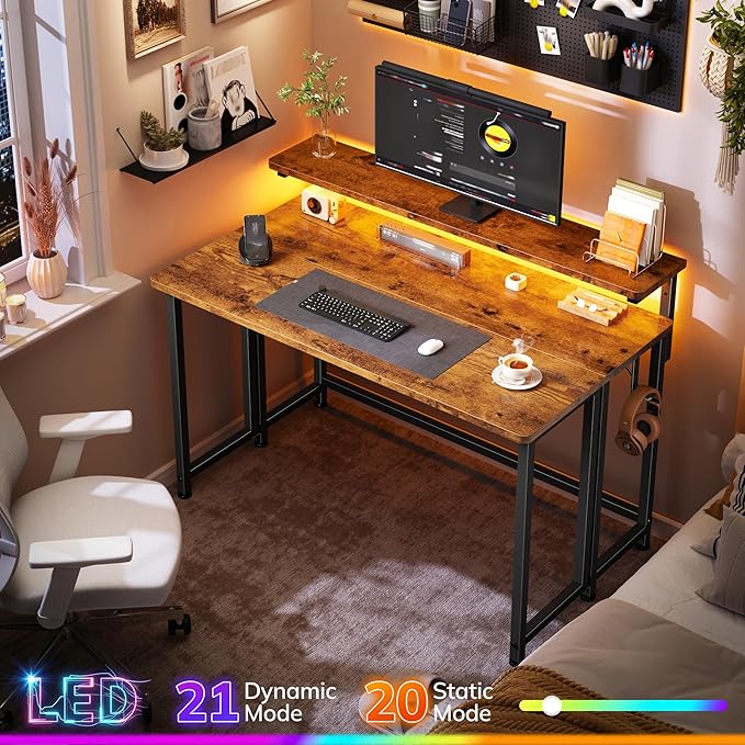 Folding Desk for Small SpaceFoldable Computer Desk with Monitor Stand31.5 Inch Small Desk with LED Lights for Bedroom Home OfficeWriting Work Office Computer Desk with HooksRustic Brown