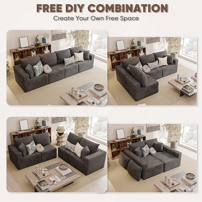 JUMMICO Boneless Couch with Deep Seat and Ottoman Modular Sectional Sofa with Body Support Corduroy Couches for Living Room Apartments Bedroom No Assembly Required (Black Four Seater)
