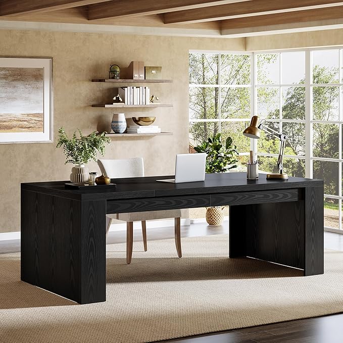 Tribesigns 70.9-Inch Wooden Computer Desk Large Farmhouse Executive Office Desk with Sturdy Double Pedestal Legs Workstation Business Furniture for Home Office (Black)