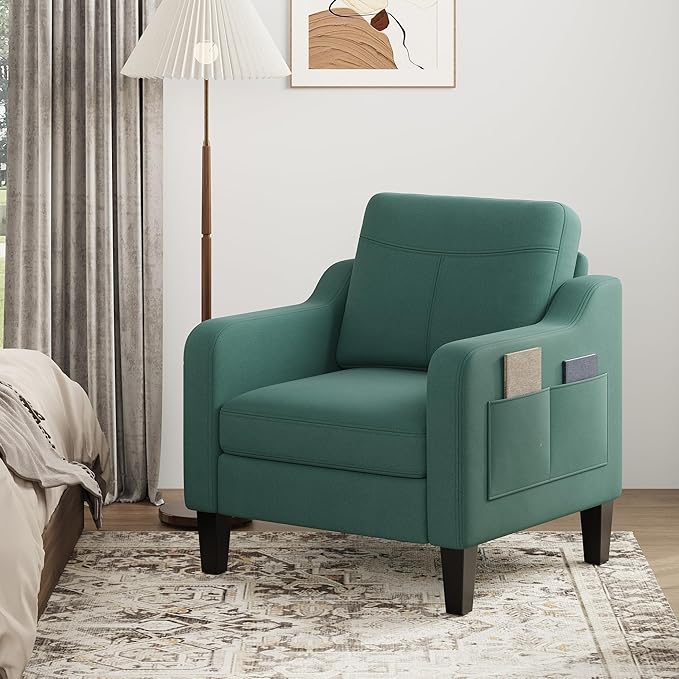 Accent Chair for Living Room Modern Linen Upholstered Armchair Side Wooden Fabric Sofa Chair with Foldable Table 2 Side Pockets Comfy Reading Chair for Bedroom