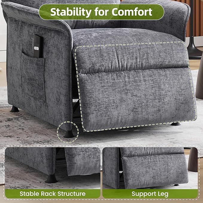 Power Recliner Chair with Remote Control 21 Wide Seat Small Recliners with Side Pocket for Adults Thick Cushions Chair for Living Room &amp Bedroom Light Grey