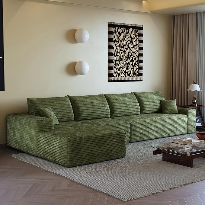 135 Oversized Compressed Sectional Sofa - 33D High-Density Foam Cloud Couch with Deep Seat - Minimalist 3-Piece Corduroy Upholstered Boneless Modular Lounge Couch | Breathable material Full Foam An