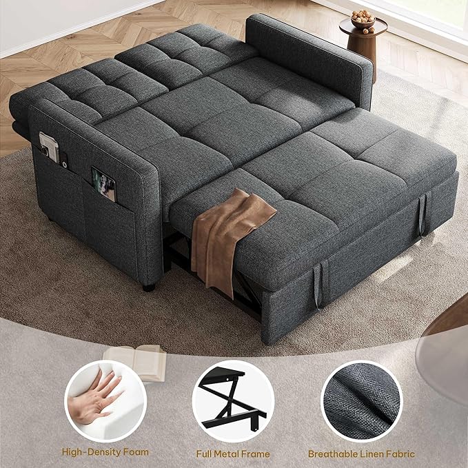 DWVO 55 Convertible Sofa Bed 3-in-1 Sleeper Sofa with Pull-Out Bed Linen Futon Couch with Adjustable Backrest and Side Pocket Modern Loveseat for Living Room Apartment Grey